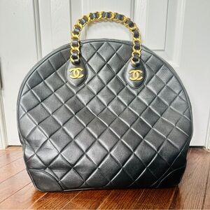 Chanel Black Quilted Lambskin Woven Chain Handle Bowler Bag Gold Hardware, 1992